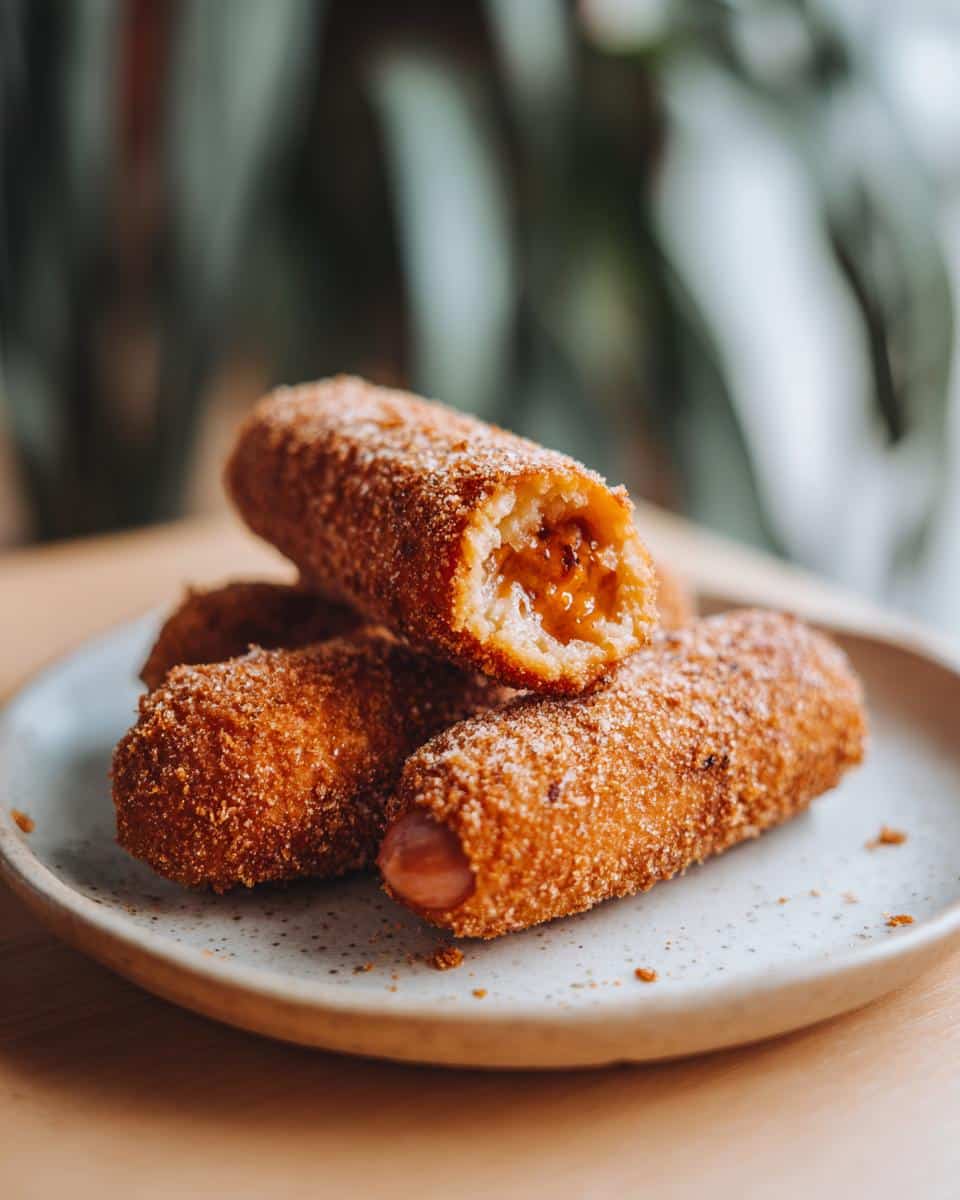 Three Korean corn dogs stacked on a plate, one with a bite showing the filling.