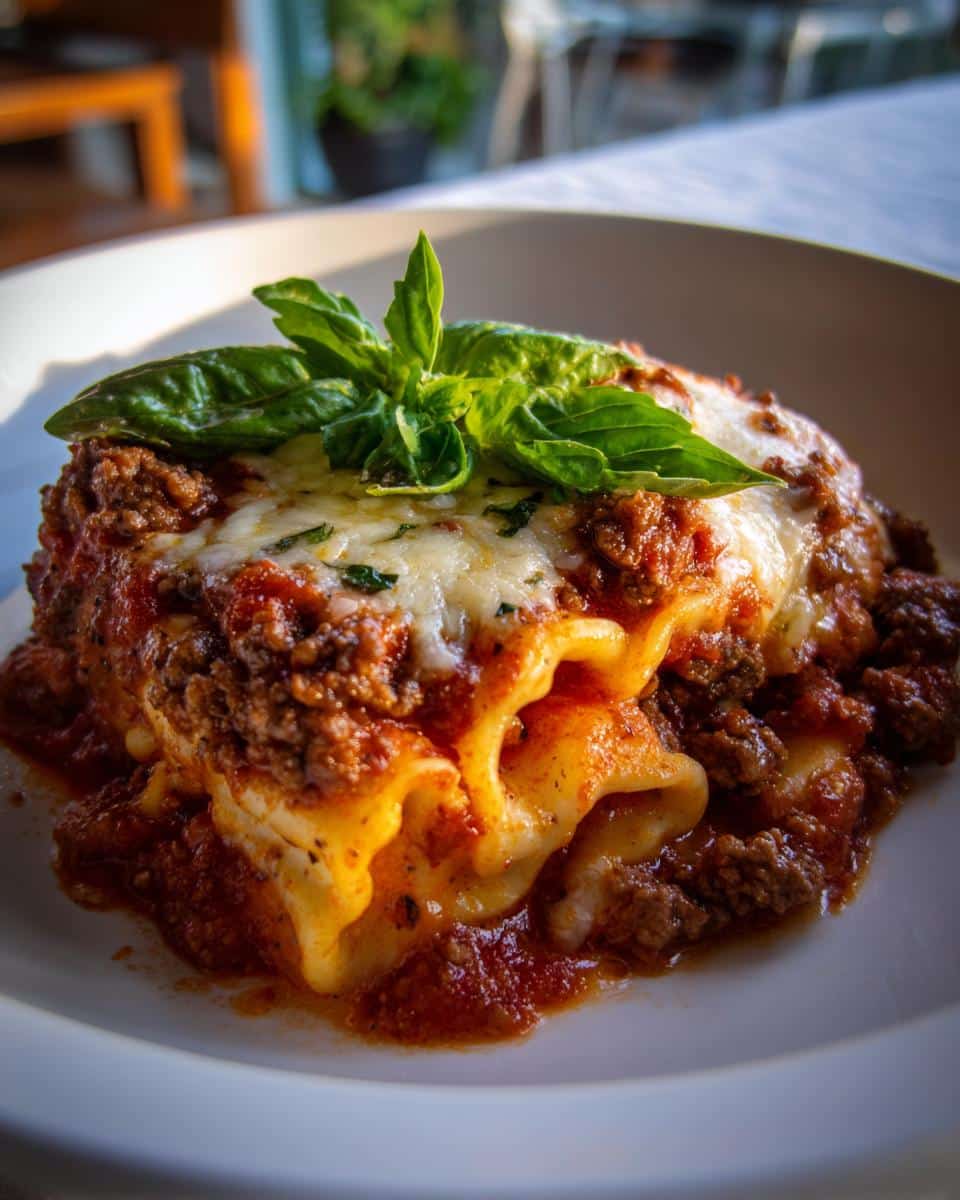 Close-up of a layered lasagna dish, showcasing the rich sauce, cheese, and basil garnish, perfect for Lasagna soup.