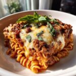 A bowl of hearty Lasagna soup, featuring pasta, meat sauce, melted cheese, and fresh basil.