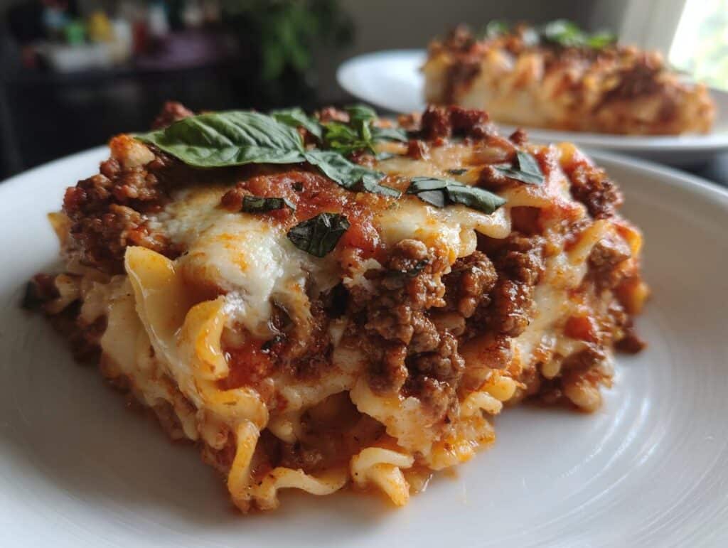 A slice of lasagna soup, layered with pasta, meat sauce, and cheese, garnished with basil. Ready to eat lasagna soup.