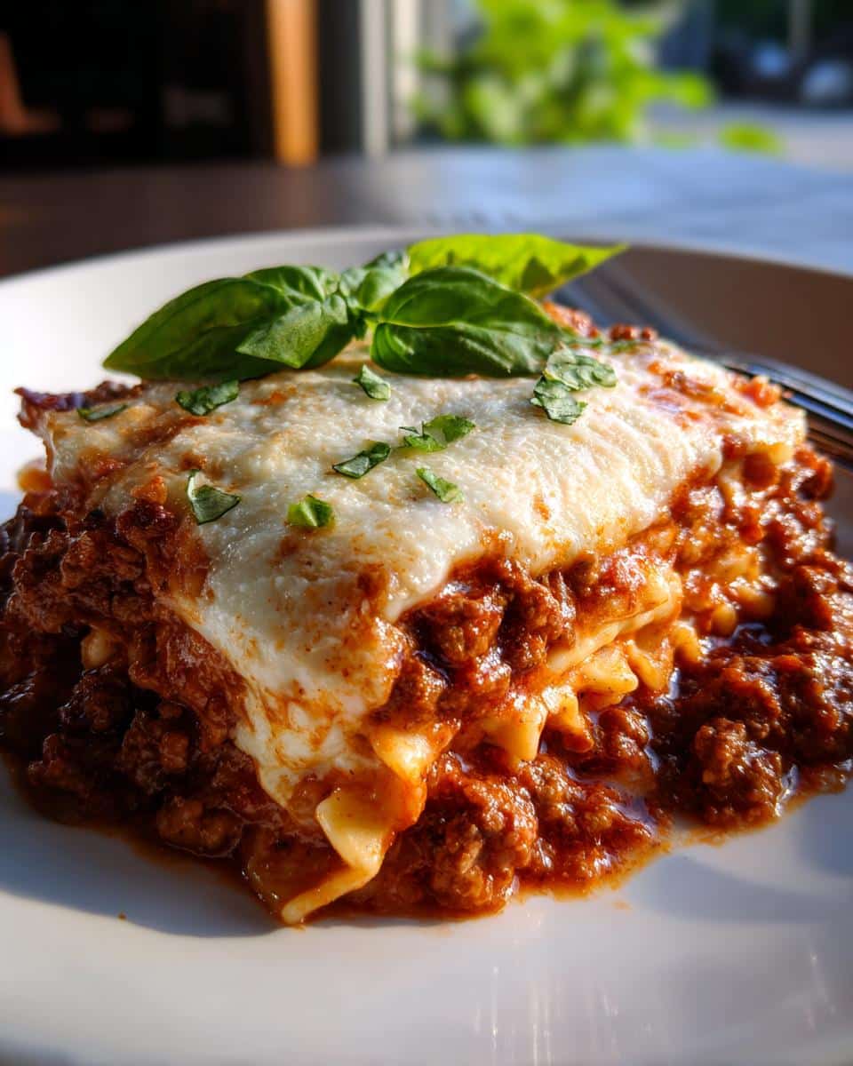 A slice of lasagna, featuring layers of pasta, meat sauce, and melted cheese, garnished with basil. Lasagna soup recipe.