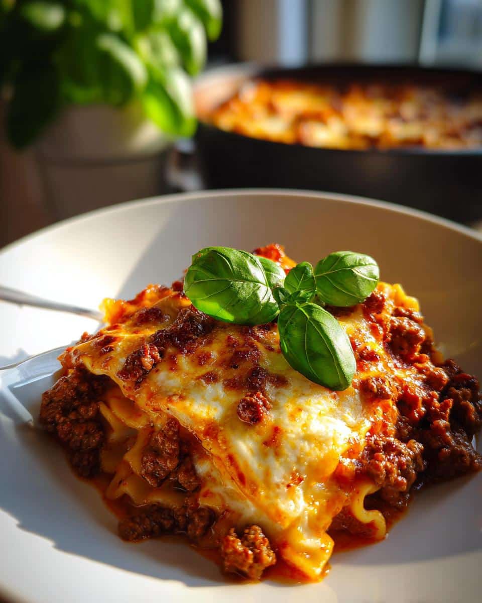 A slice of lasagna soup, topped with cheese and basil, served on a white plate. Lasagna soup visible in background.