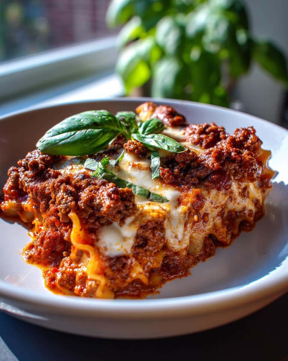 A delicious slice of lasagna soup, garnished with fresh basil leaves, served on a white plate.