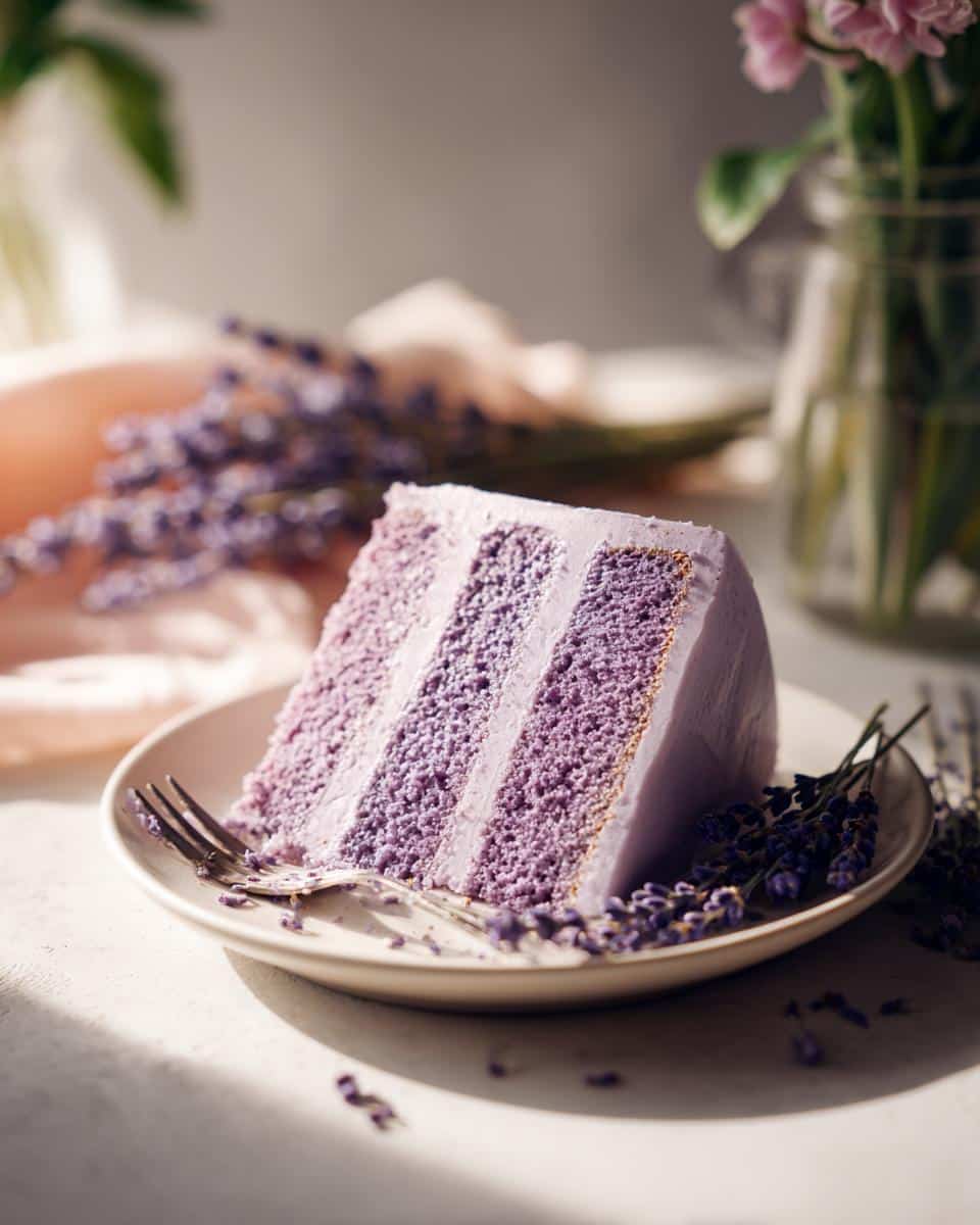 A slice of delicious lavender cake with purple frosting and layers, garnished with fresh lavender sprigs.
