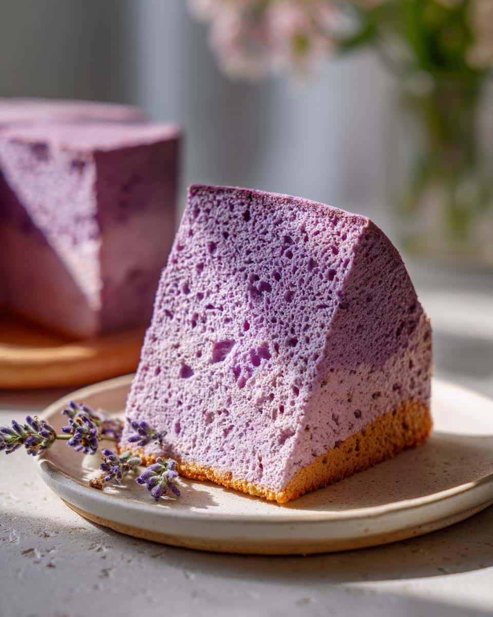 A slice of fluffy purple lavender cake on a plate, garnished with fresh lavender sprigs.
