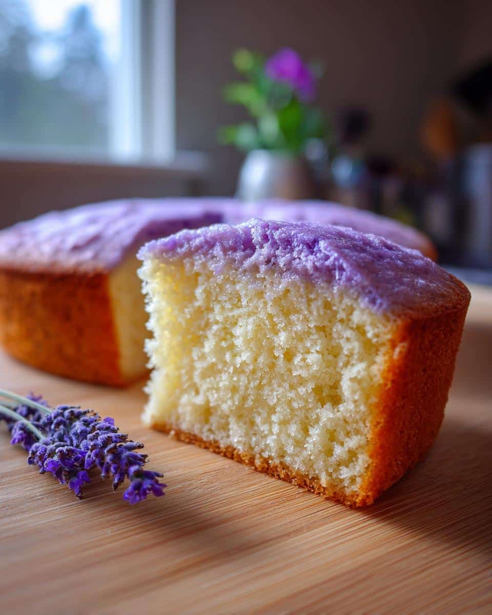 A slice of light yellow lavender cake with a subtle purple hue on top, garnished with fresh lavender sprigs.