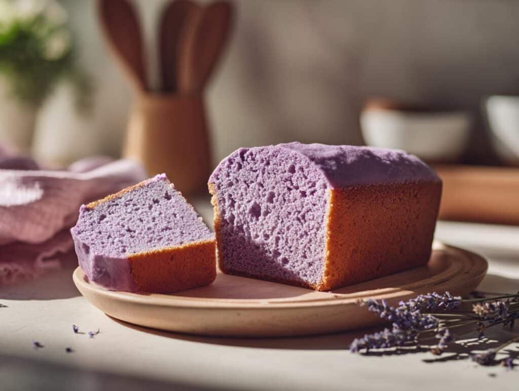 A slice of light purple lavender cake with a golden crust, served on a wooden plate with dried lavender sprigs.