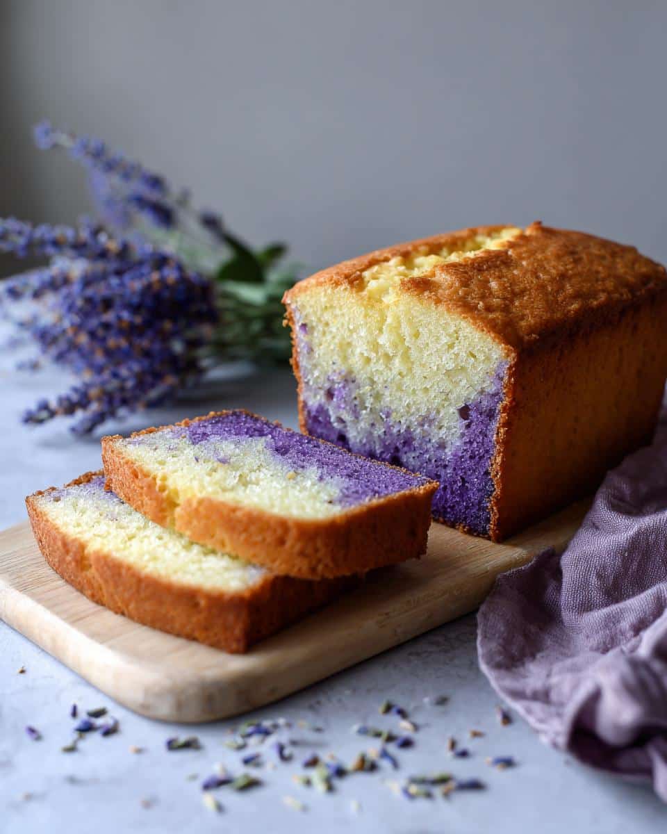 Two slices of a beautiful lavender cake with purple swirls, served on a wooden board with lavender sprigs.