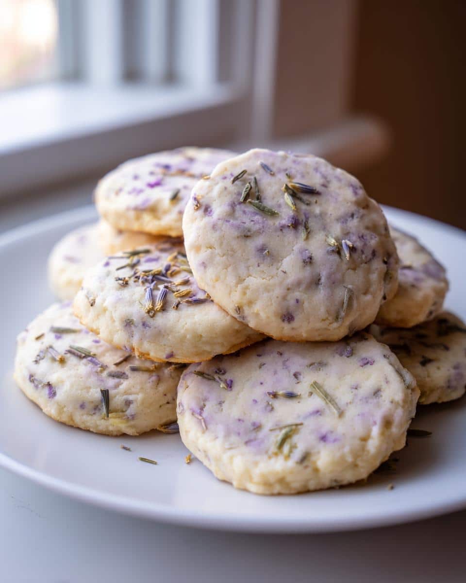 A close-up shot of a stack of homemade lavender cookies, speckled with purple lavender buds and green herbs, on a white plate.