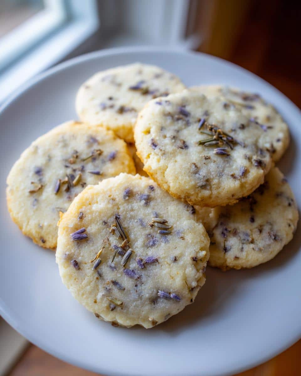 Close-up of several round lavender cookies with visible dried lavender buds on a white plate.
