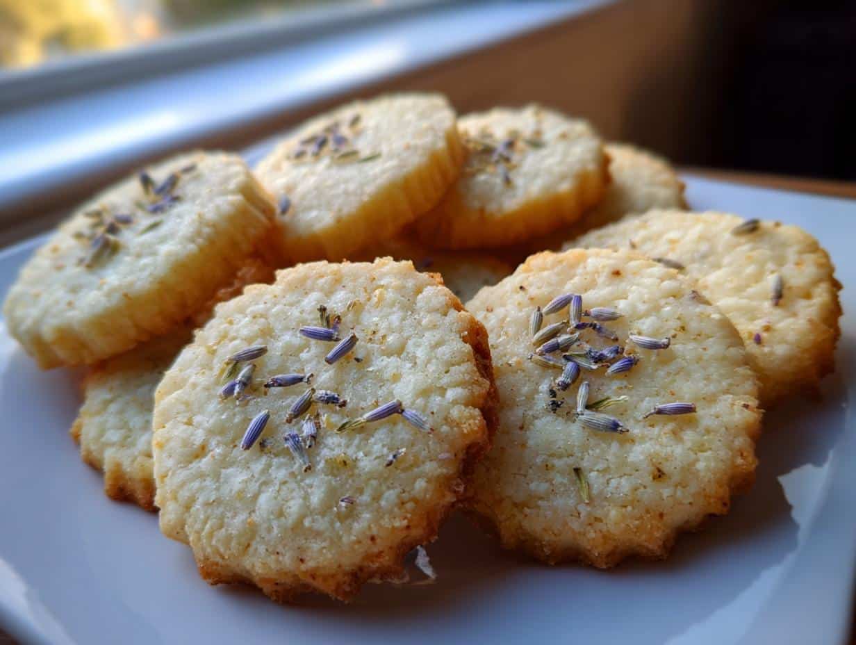A close-up of freshly baked lavender cookies, sprinkled with dried lavender buds, on a white plate.