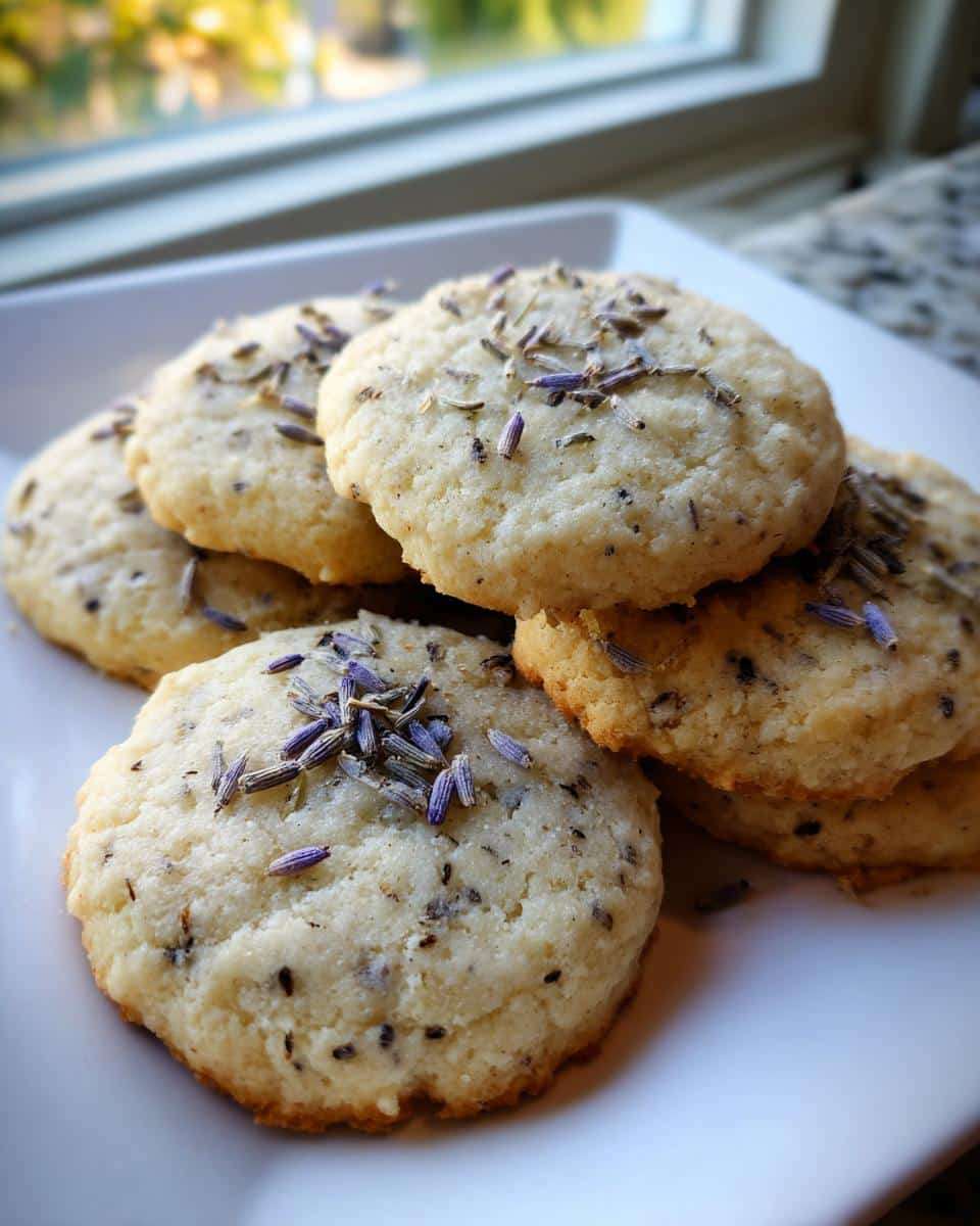 A close-up of several round lavender cookies topped with dried lavender buds, arranged on a white plate.