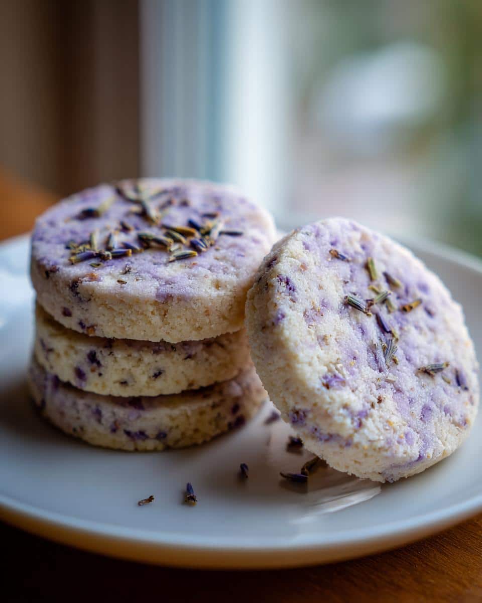 A stack of delicate lavender cookies, topped with dried lavender buds, on a white plate.