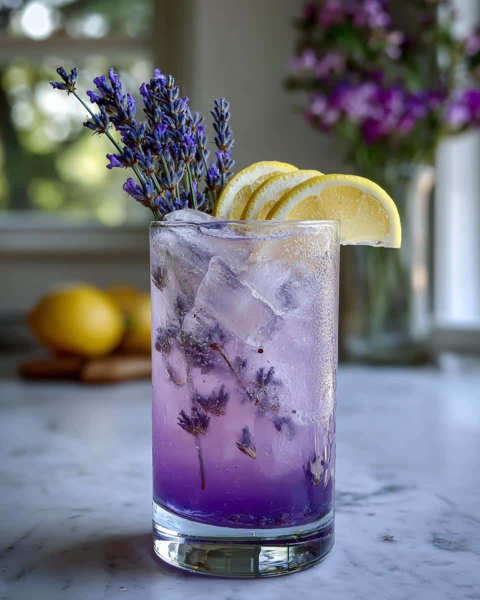 A tall glass of lavender lemonade filled with ice, garnished with fresh lavender sprigs and lemon slices.