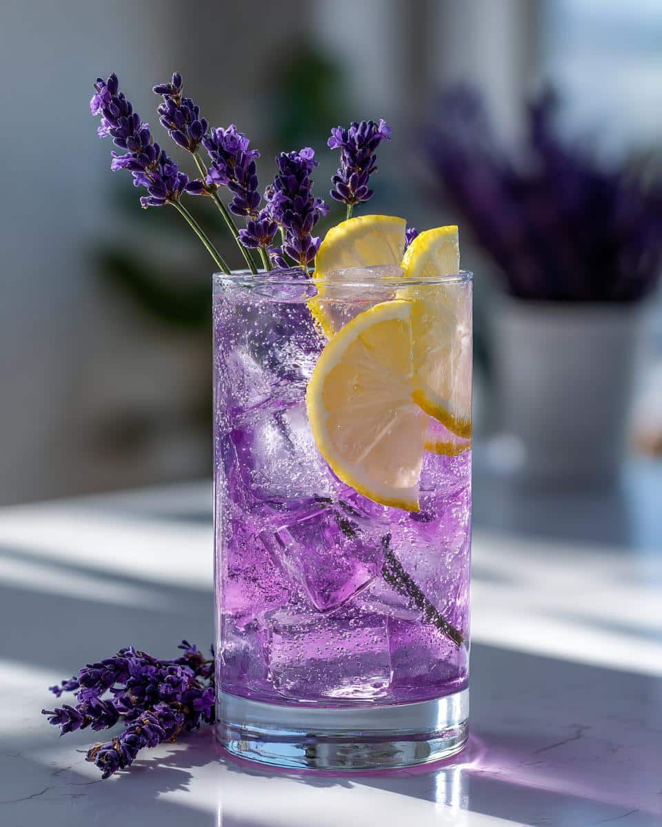 A tall glass filled with bubbly purple lavender lemonade, ice, lemon slices, and fresh lavender sprigs.