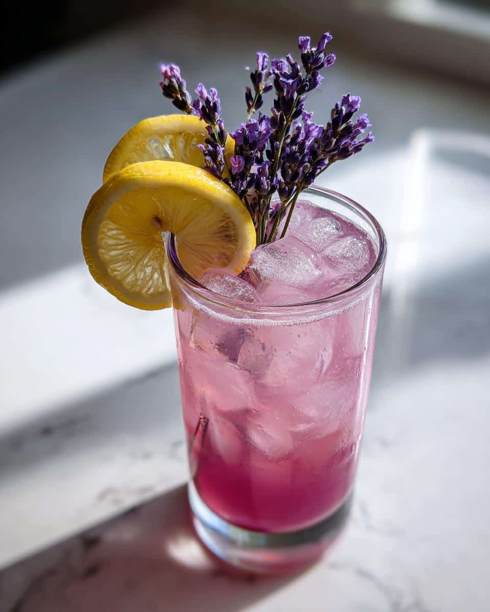 A tall glass of pink lavender lemonade filled with ice, garnished with lemon slices and fresh lavender sprigs.