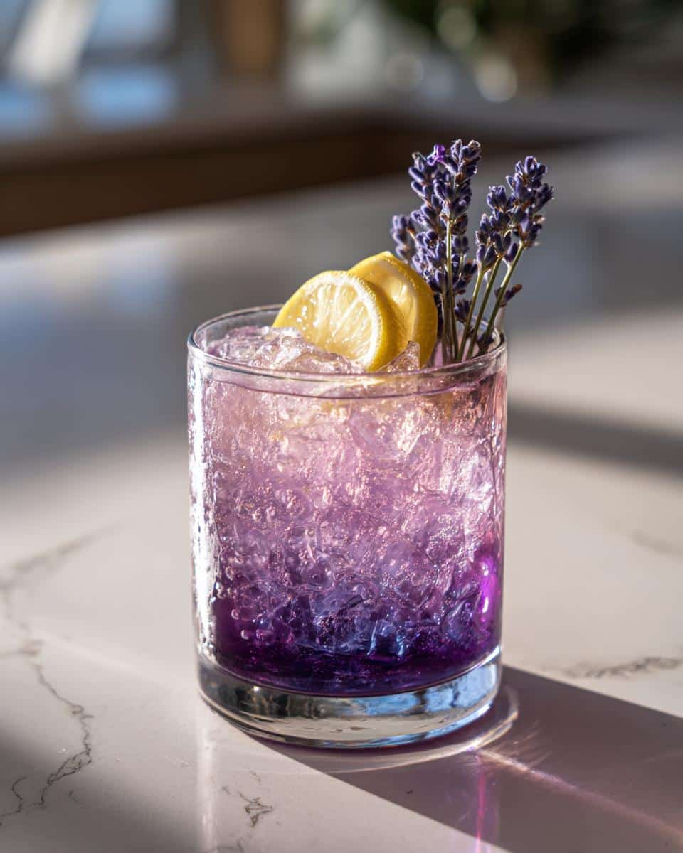 A refreshing glass of lavender lemonade filled with crushed ice, garnished with lemon slices and fresh lavender sprigs.