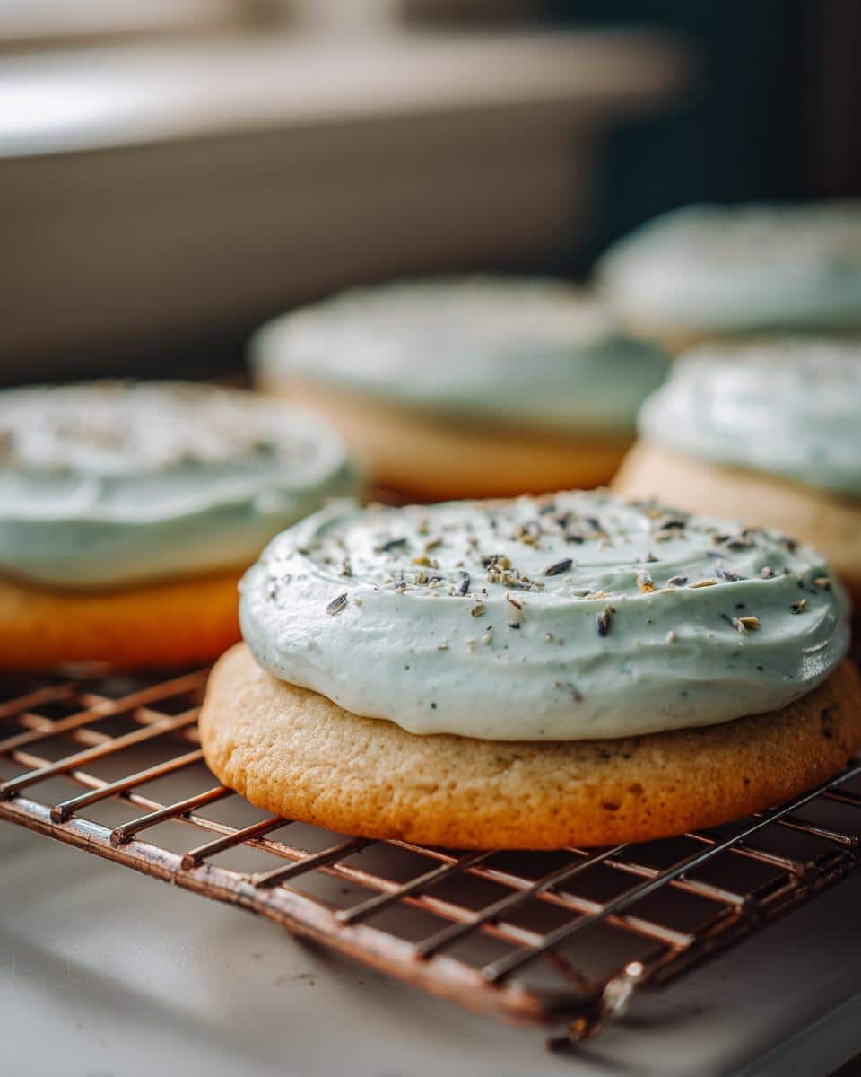 Close-up of delicious lavender matcha cookies topped with light blue frosting and dried lavender buds.
