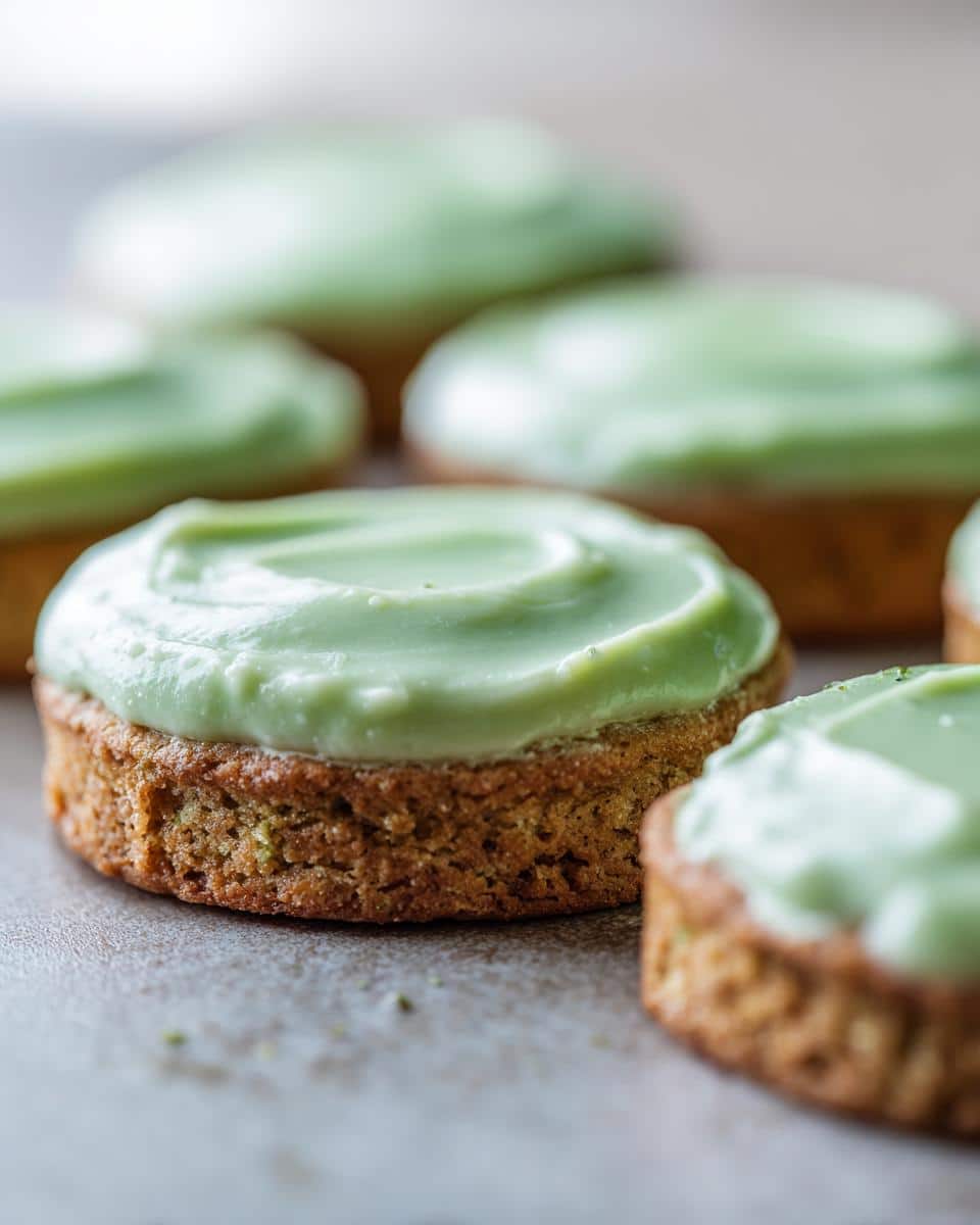Close-up of several lavender matcha cookies topped with swirl of pale green frosting.