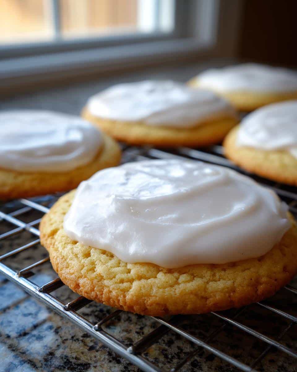 Close-up of delicious lavender matcha cookies topped with white icing, cooling on a wire rack.