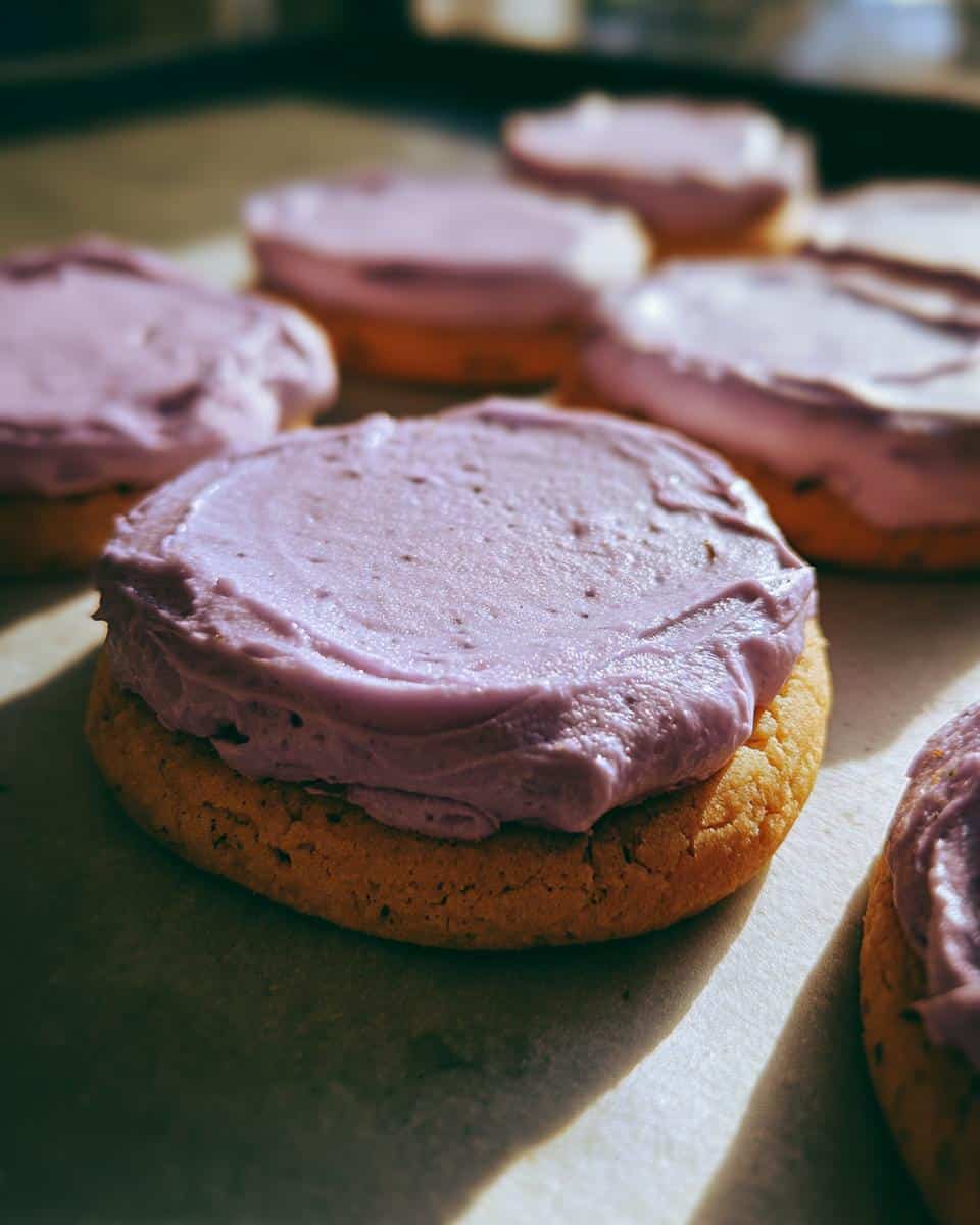 Close-up of delicious lavender matcha cookies topped with smooth purple frosting.