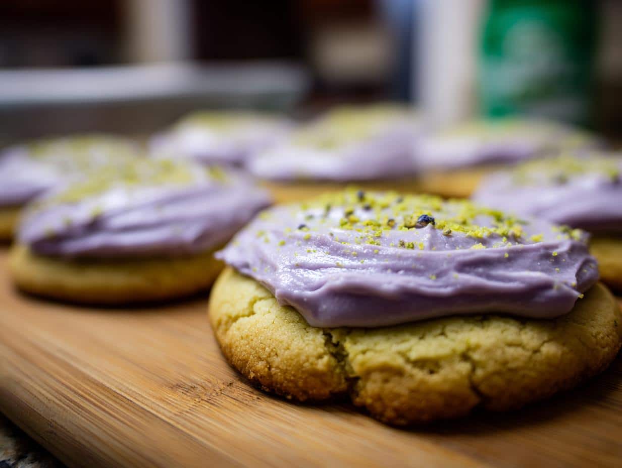 Close-up of a delicious lavender matcha cookie topped with purple frosting and green sprinkles.