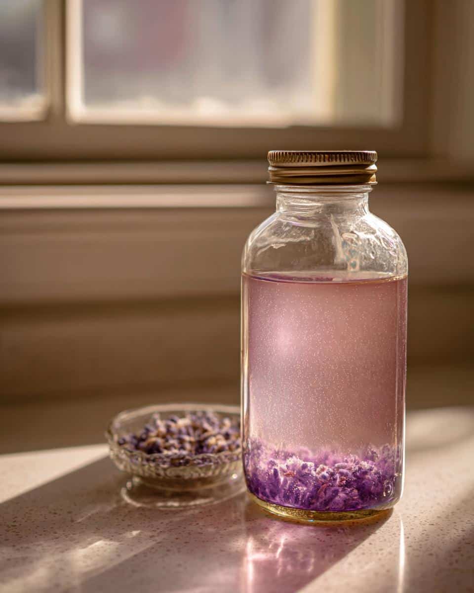 A glass bottle filled with pink lavender syrup and dried lavender buds, next to a small dish of lavender buds.