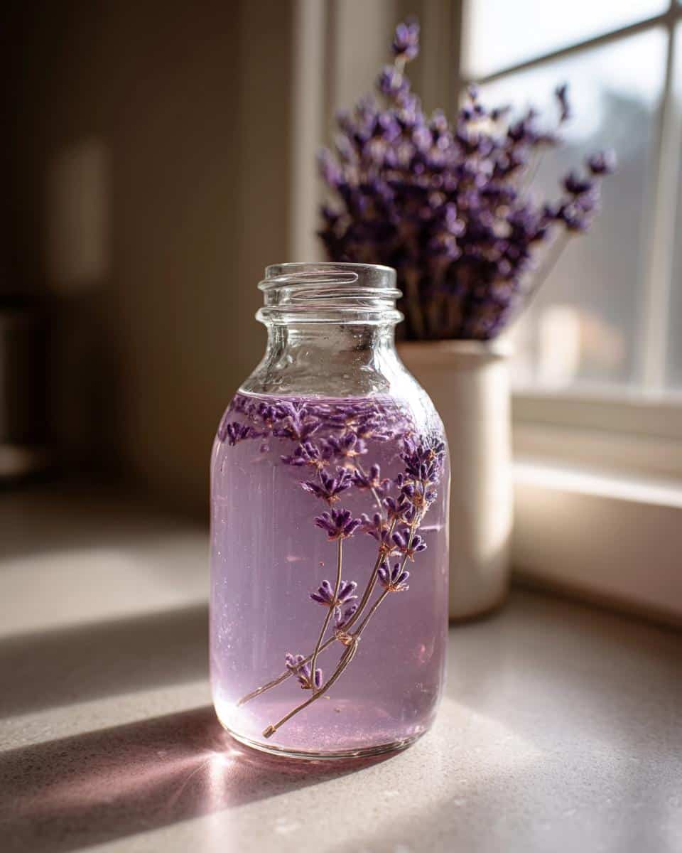 A glass bottle filled with purple lavender syrup and fresh lavender sprigs, with a vase of dried lavender in the background.