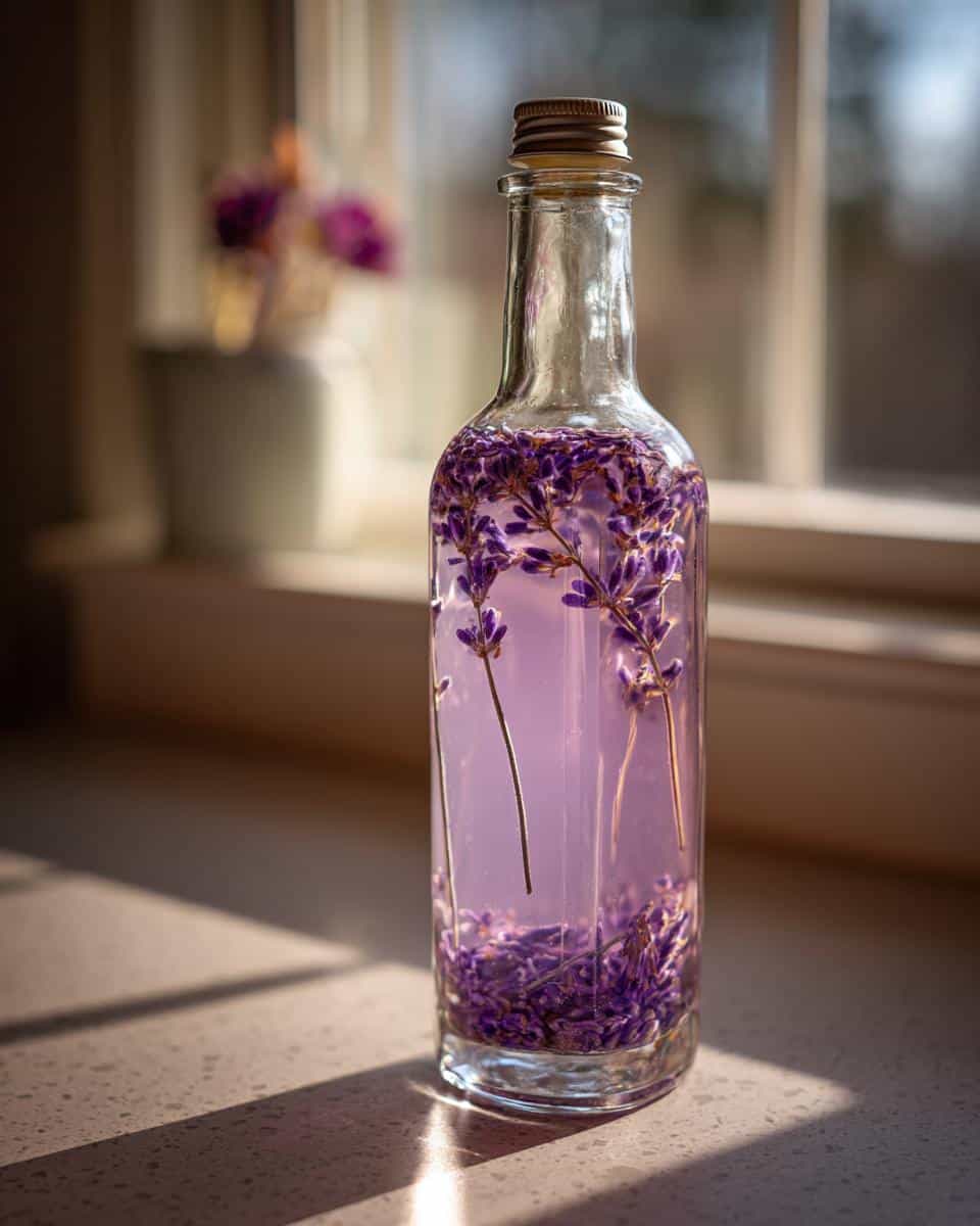 A clear glass bottle filled with homemade lavender syrup and fresh lavender sprigs.