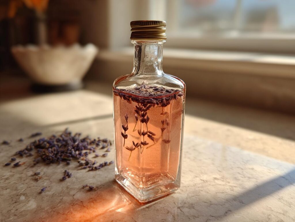 A clear glass bottle filled with pink lavender syrup and dried lavender sprigs, with loose lavender buds scattered nearby.