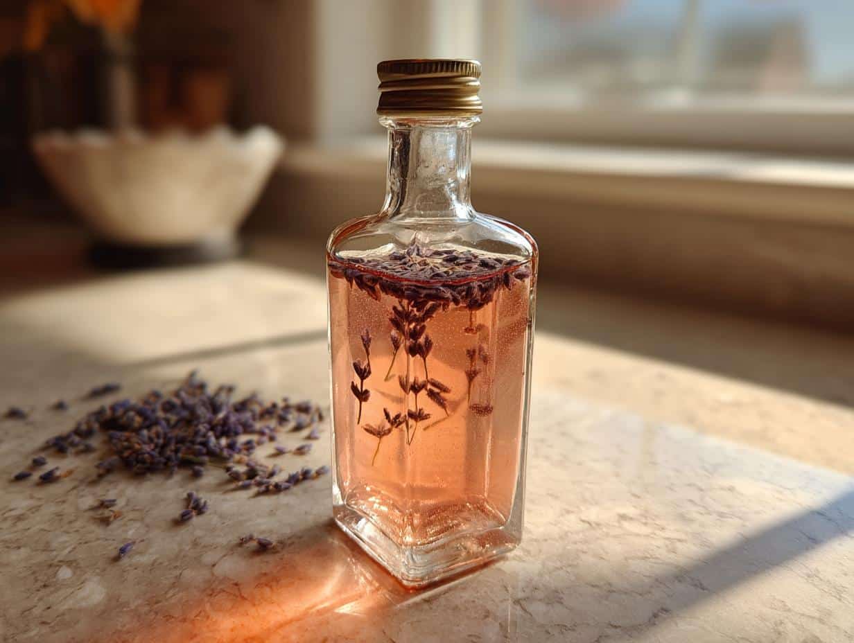 A clear glass bottle filled with pink lavender syrup and dried lavender sprigs, with loose lavender buds scattered nearby.