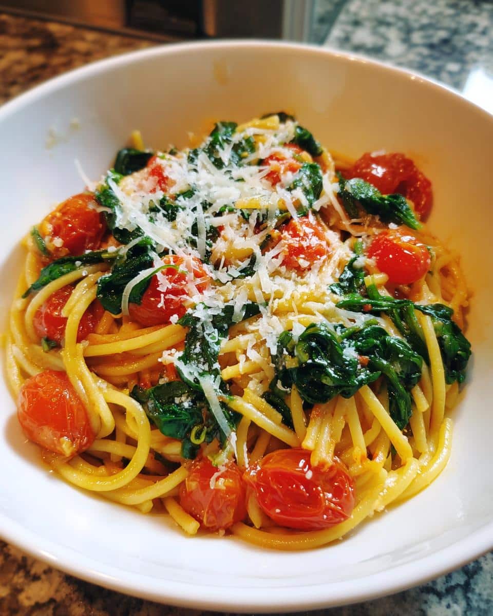 A bowl of Lazy Girl Pasta featuring spaghetti, spinach, cherry tomatoes, and grated cheese topping.