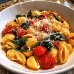 A bowl of Lazy Girl Pasta featuring shell pasta, roasted tomatoes, spinach, and parmesan cheese.
