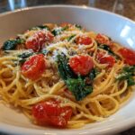 A bowl of Lazy Girl Pasta featuring spaghetti, blistered tomatoes, spinach, and parmesan cheese.