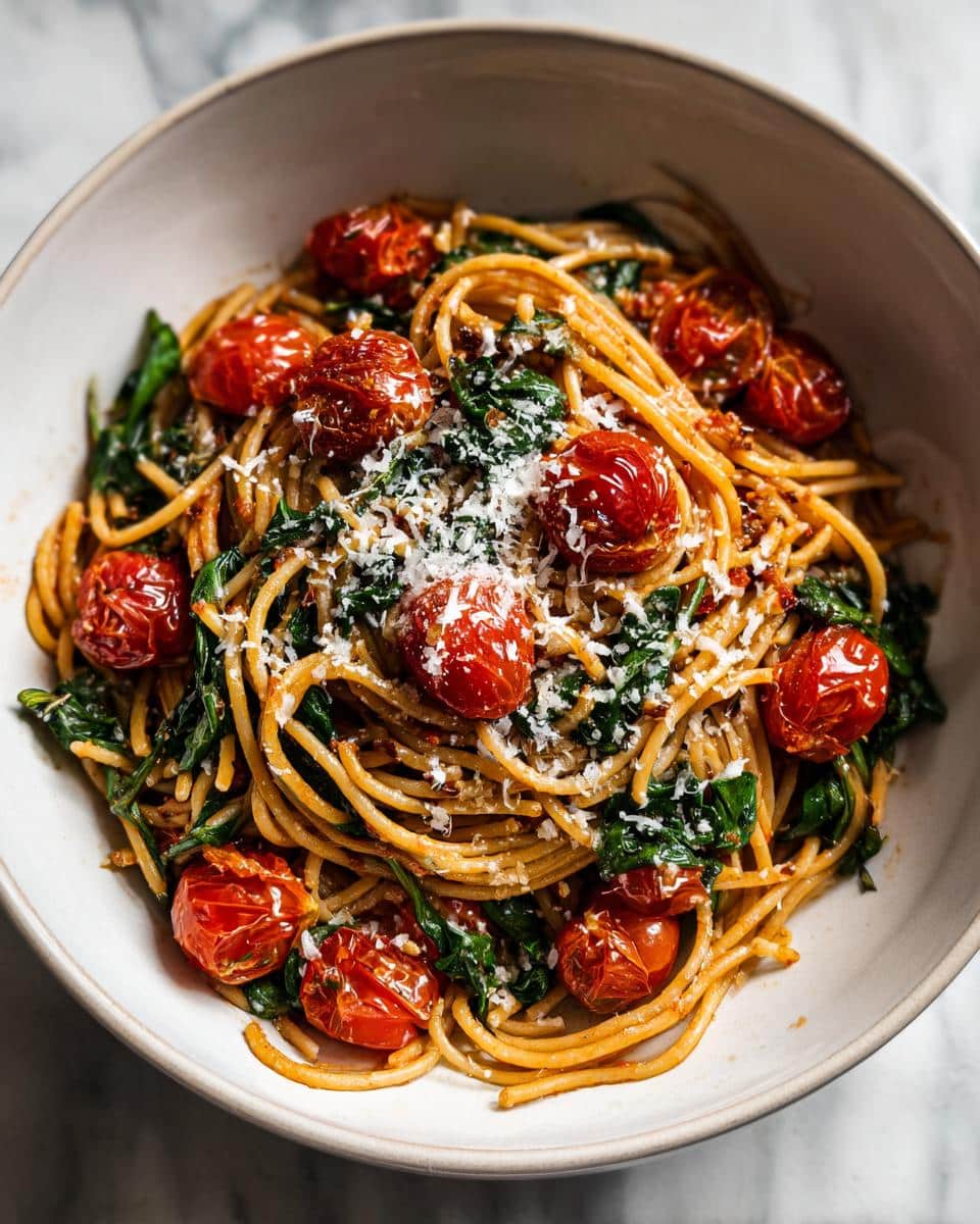 A bowl of Lazy Girl Pasta featuring spaghetti, roasted tomatoes, spinach, and parmesan cheese.