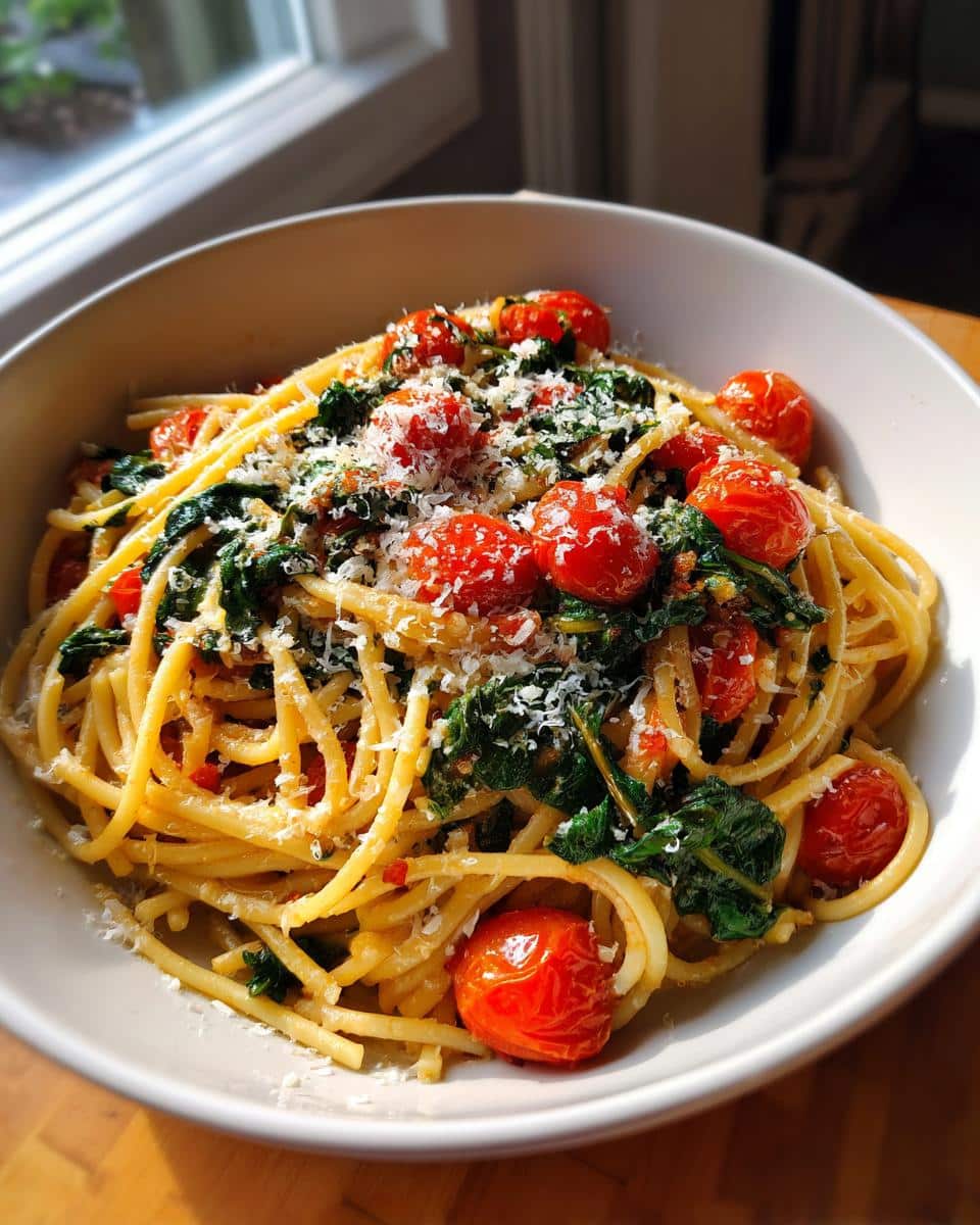 A bowl of Lazy Girl Pasta featuring spaghetti, burst cherry tomatoes, spinach, and grated cheese.
