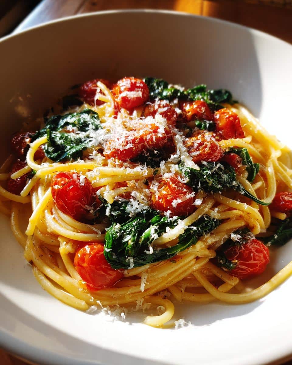 A plate of Lazy Girl Pasta featuring spaghetti, blistered cherry tomatoes, spinach, and parmesan cheese.