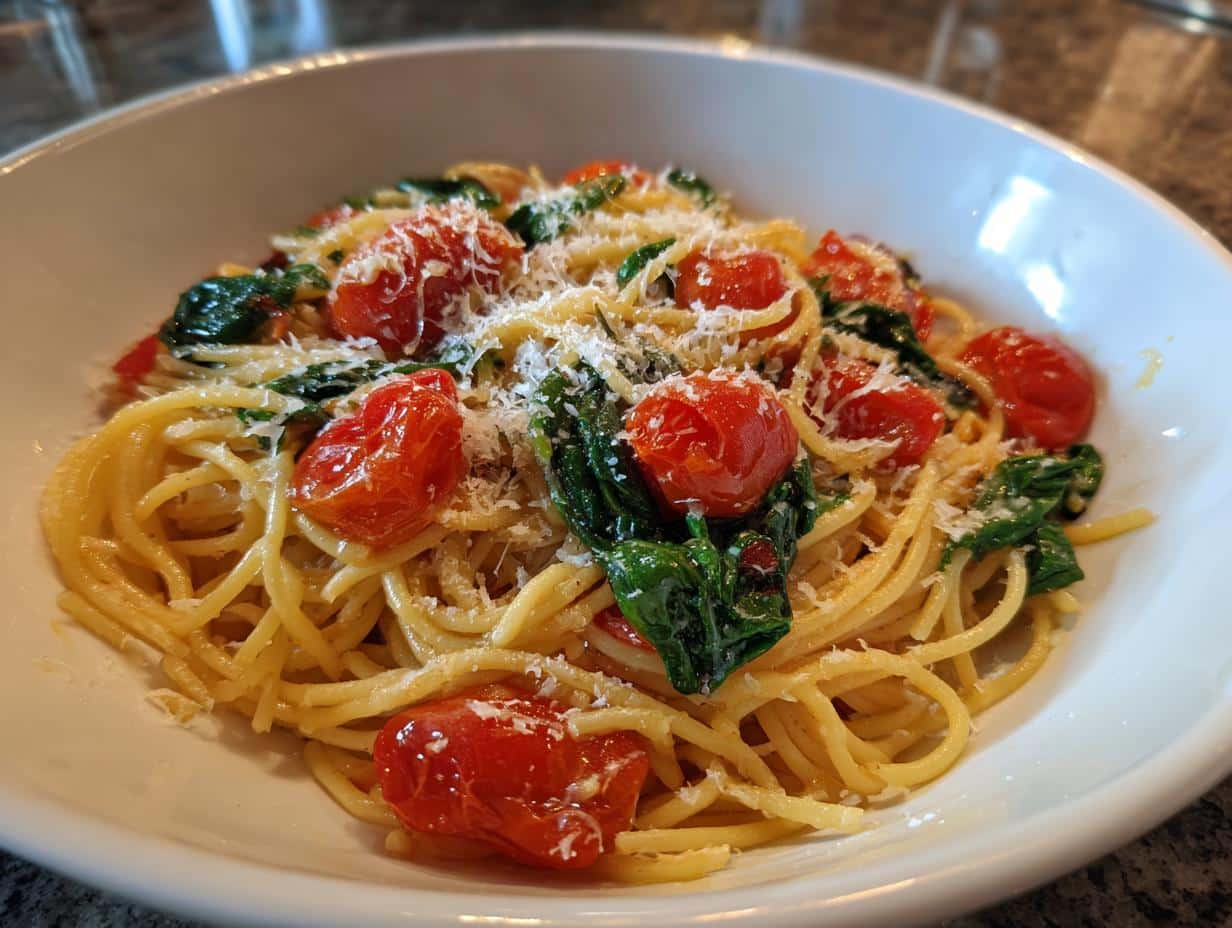 A bowl of Lazy Girl Pasta featuring spaghetti, blistered tomatoes, spinach, and parmesan cheese.