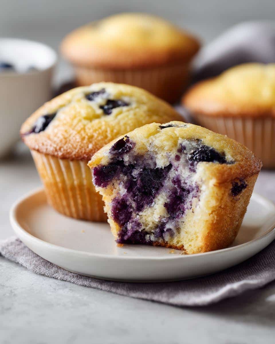 Close-up of Lemon Blueberry Muffins, one with a bite taken out, on a small plate with a gray napkin.