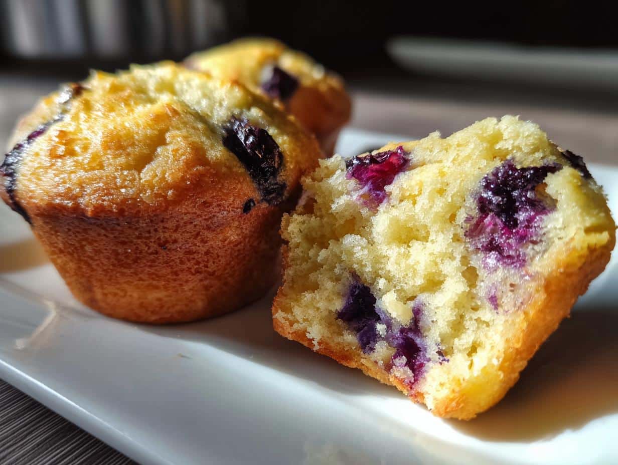 Close-up of Lemon Blueberry Muffins, one broken open to show blueberries inside.