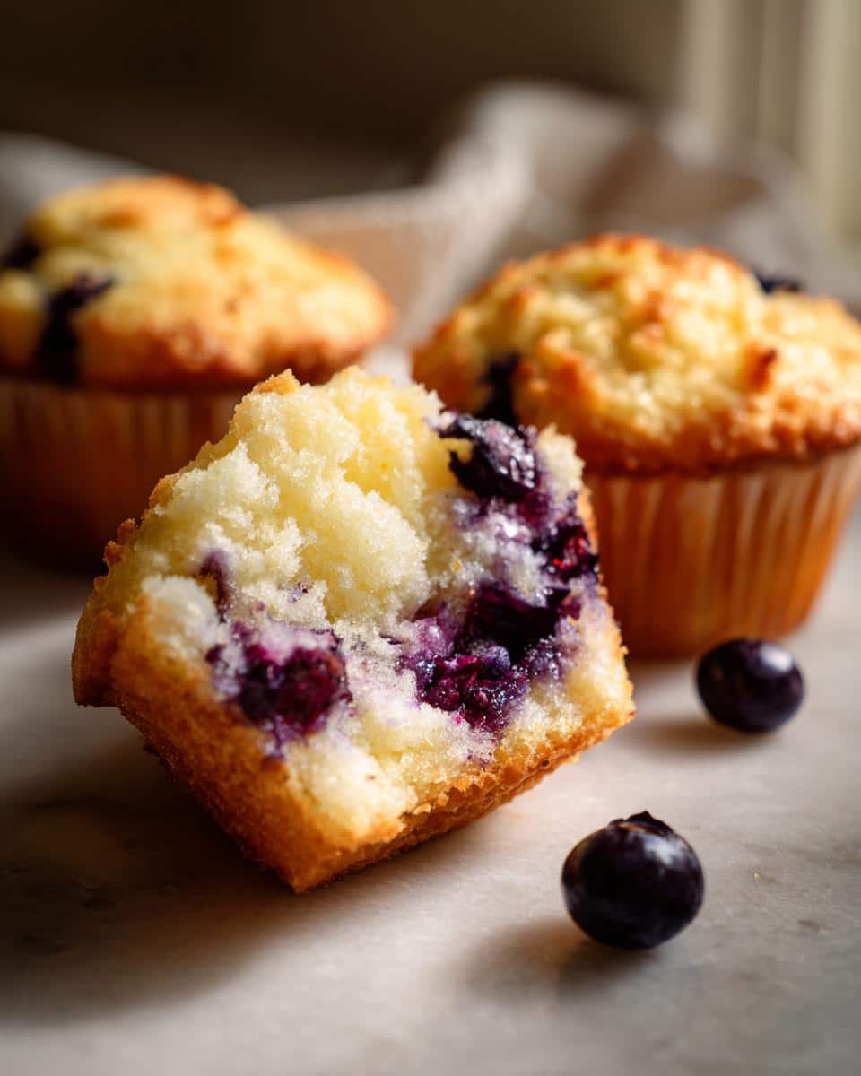 Close-up of a Lemon Blueberry Muffin cut in half, showing the moist interior and blueberries.