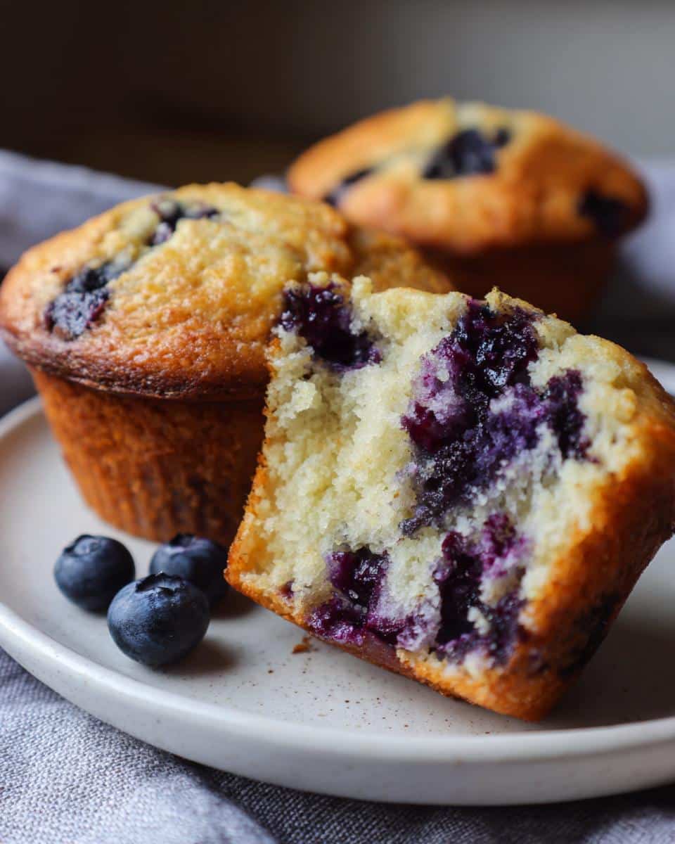 Close-up of Lemon Blueberry Muffins, one muffin broken open to show blueberries inside.