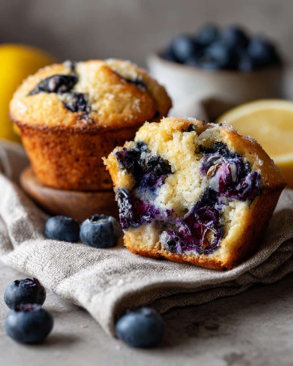 Close-up of a Lemon Blueberry Muffin, split open to show the blueberries inside, with whole muffins and lemons in the background.