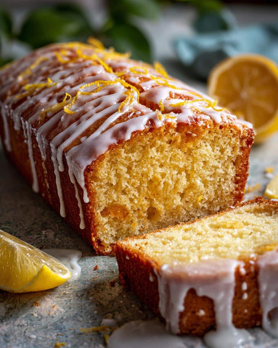 A freshly baked Lemon Drizzle Cake loaf with icing and a slice cut, next to a lemon wedge.