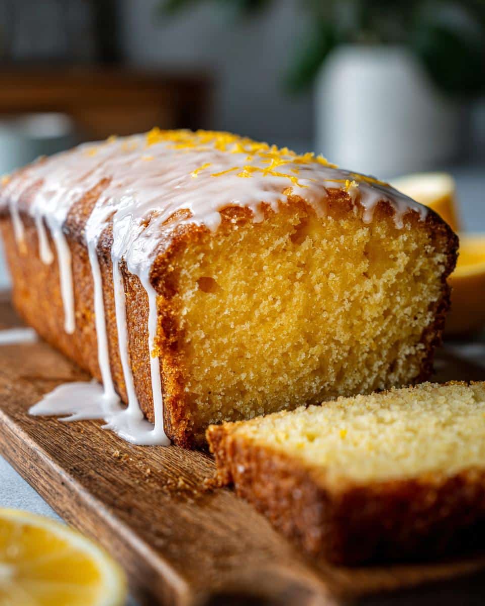 A freshly baked Lemon Drizzle Cake loaf with icing and zest, sitting on a wooden board with a slice cut.