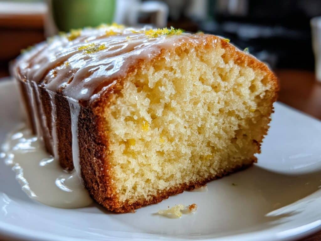 A slice of moist Lemon Drizzle Cake with a sweet lemon glaze, served on a white plate.
