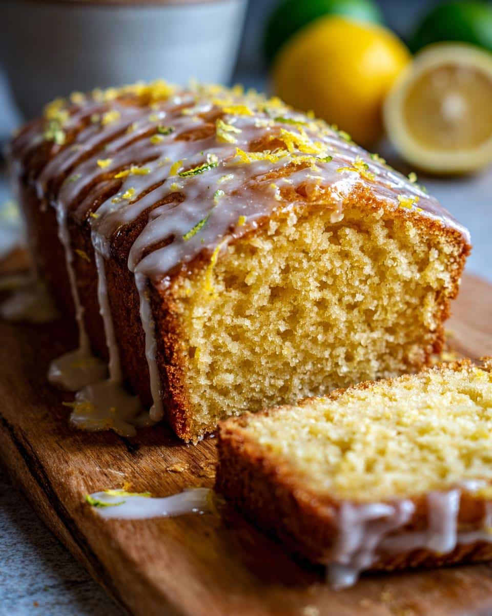 A moist Lemon Drizzle Cake loaf with a slice cut, drizzled with icing and lemon zest on a wooden board.