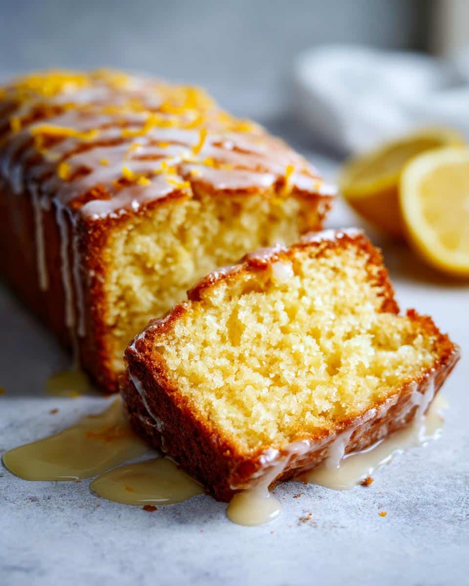 A moist slice of Lemon Drizzle Cake with a glossy lemon glaze dripping down the sides. 
