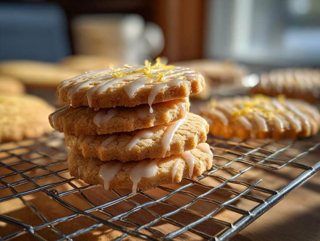 A stack of four glazed Lemon Shortbread Cookies on a wire rack, topped with lemon zest.
