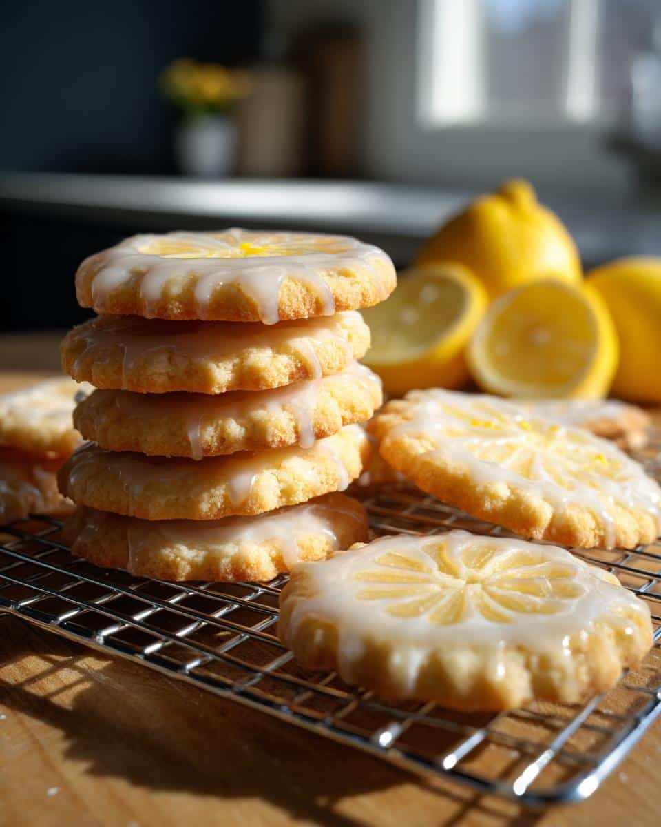 Stack of glazed Lemon Shortbread Cookies on a wire rack, with lemons in the background.